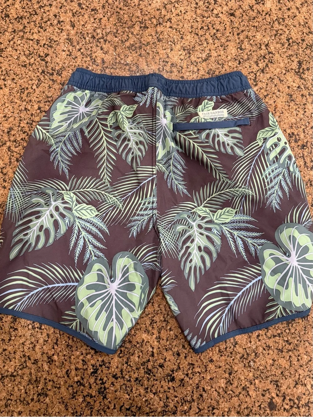 Fair Harbor Navy Hybrid Shorts with Mint Green Tropical Leaf Print